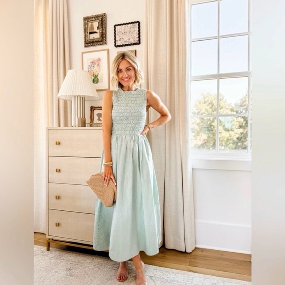 LOFT Dresses & Skirts - NWT LOFT Green and White Striped Sleeveless Smocked Midi Dress